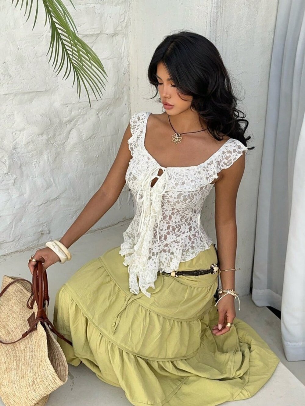 Apricot Casual Women's Ruffle Collar Asymmetric Tie-Up Sheer Lace Top - Picture 7 of 8